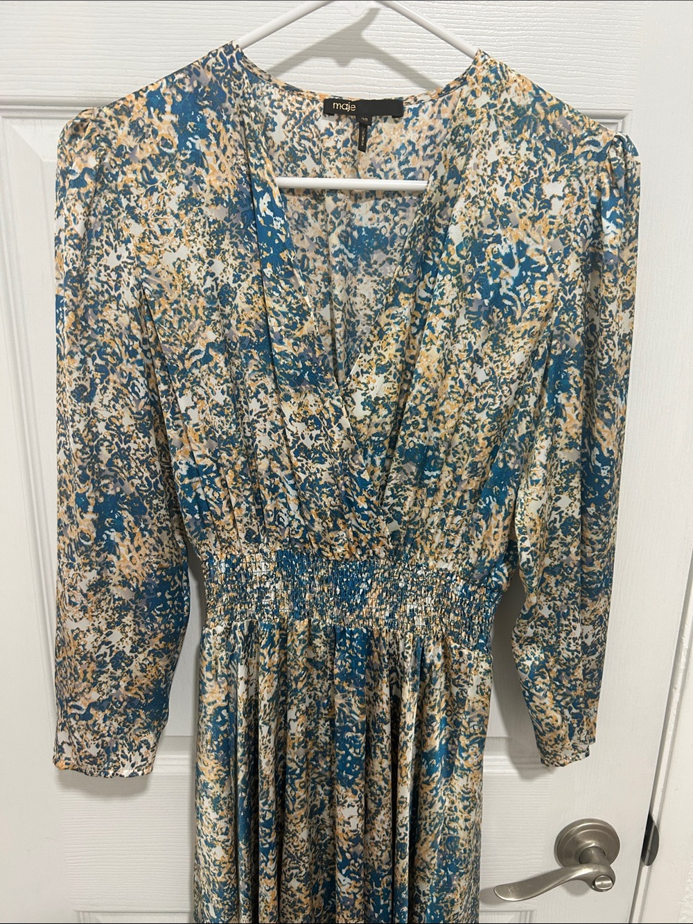 Maje Teal & Cream Abstract Printed Long-Sleeve Smocked-Waist Dress